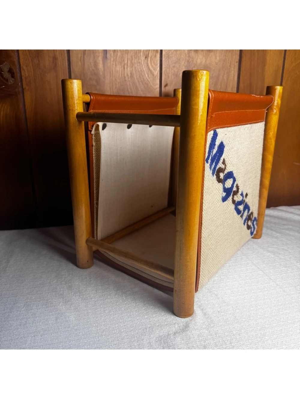 Vintage Wooden Magazine Rack Brown Leather Canvas Sling Holder Mid Century 13x12